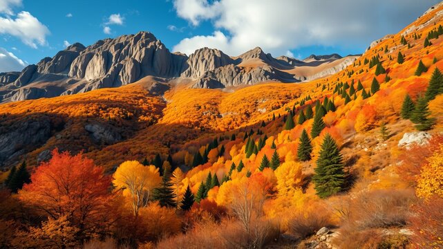 Majestic mountain range ablaze with vibrant autumn foliage under a bright blue sky creating a breathtaking landscape scene.