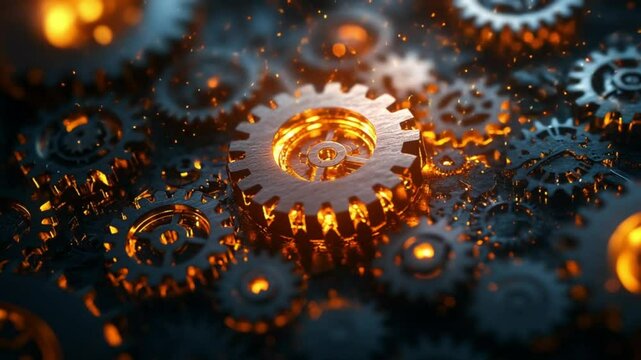 Futuristic spinning gears with glowing orange details in a mechanical digital setup