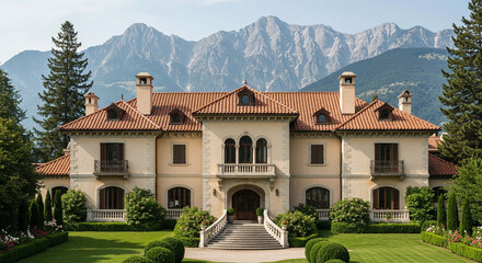Obraz premium Impressive building with mountains in the background. 