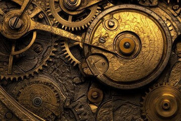 A close-up of intricate golden gears and mechanisms in a clockwork