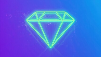 Neon green diamond graphic against a vibrant purple-blue gradient background with particles