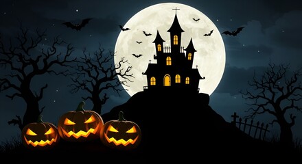 llustration of a spooky Halloween night scene with a haunted house on a hill with glowing windows, full moon in the background, flying bats, leafless trees, and glowing jack-o'-lantern pumpkins.
