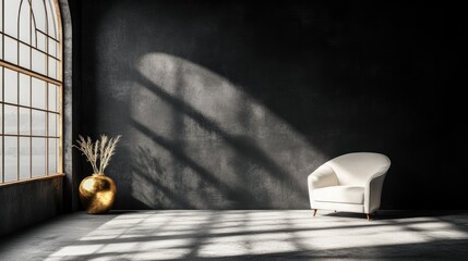 Modern, dimly lit room with a single chair and sunlight.
