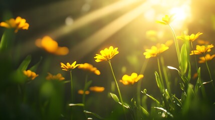 Sunlit meadow with vibrant yellow flowers, warm sunlight streaming through greenery, serene nature ambiance, copy-space available.