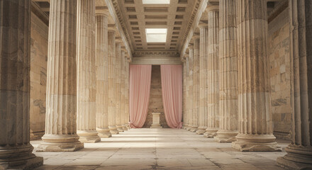 Obraz premium Elegant interior with tall columns and soft lighting. 