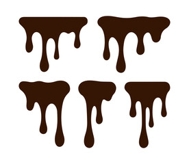 Set of hand drawn long drip of chocolate, glaze, milk, ice cream, gelato, syrup. Outline, silhouette of dripping drop from cake, dessert, isolated on white background in flat style. Vector EPS10