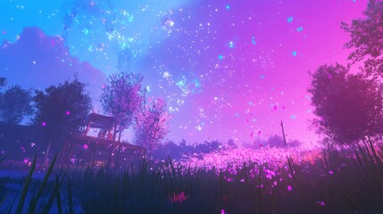 Mystical landscape bathed in vibrant, pastel colors.