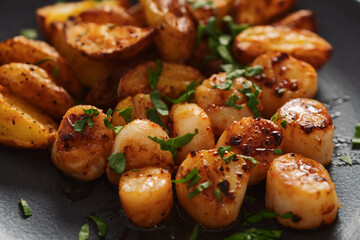 roasted scallops with baked potatoes wedges on a black plate