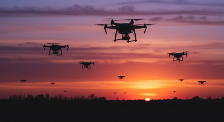 Several drones flying against a colorful evening sky.
