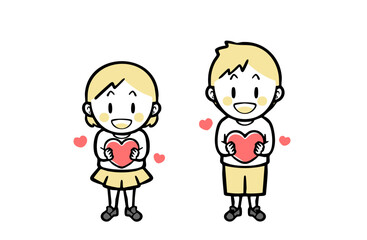 赤いハートを持つ、普段着の男女の子ども