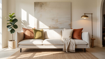 Fototapeta premium Modern living room with cozy sofa, decorative pillows, and warm sunlight in a stylish home interior