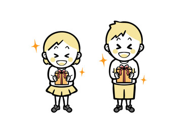 赤いリボンのプレゼントを持つ、普段着の男女の子ども