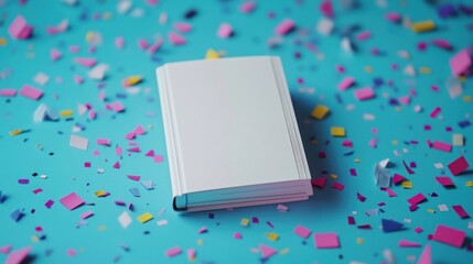 Elegant Blank Book Surrounded by Colorful Confetti on Bright Turquoise Background