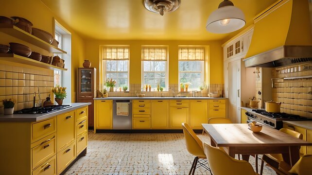 Vibrant yellow kitchen with retro vibes