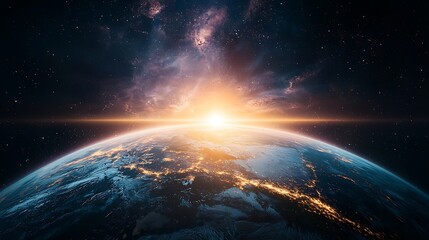 Earth rising in cosmos, vibrant sunrise