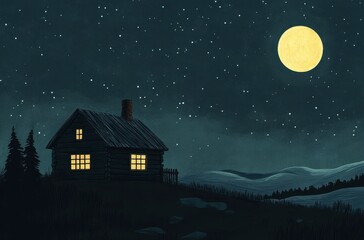 Fototapeta premium Minimal cabin at night under full moon and stars