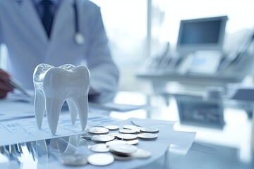 Dental office paperwork with a tooth model and coins