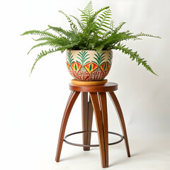 decorative indoor potted plants with patterned ceramic planters and wooden stools in modern earthy styles on white background