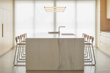 Modern Kitchen Interior Design Featuring A Marble Island Countertop And Wooden Bar Stools By The Window