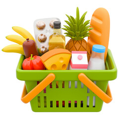 Shopping basket with groceries. 3D render of food cart full of products of milk, fruit, vegetables, bread, eggs, sausage, cheese. Front view, isolated on transparent background