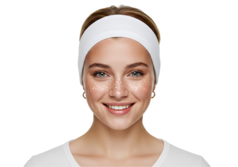 Facial Skincare Routine Woman with Headband and Eye Patches isolated on transparent background