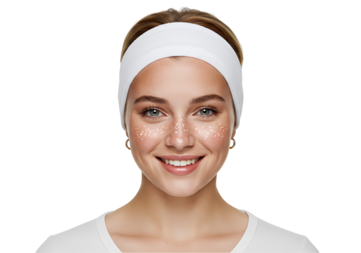 Facial Skincare Routine Woman with Headband and Eye Patches isolated on transparent background