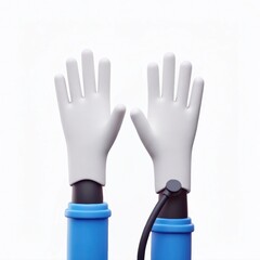 Obraz premium Two gloved hands, one with a blood pressure cuff, raised against a plain white background.
