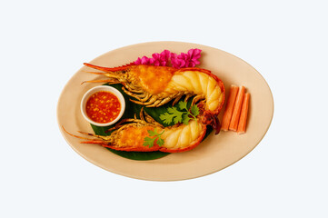  Grilled Giant River Prawns or Shrimps Barbeque serve with spicy sauce  Grilled Giant River Prawns or Shrimps Barbeque serve with spicy sauce on White Background. 