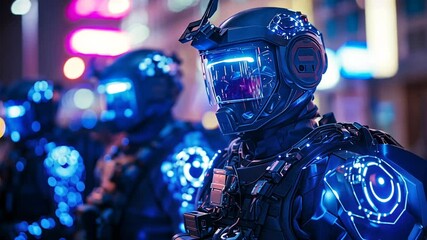 Futuristic armed security force with glowing neon lights in a cityscape setting - Powered by Adobe