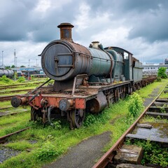Naklejka premium An old steam locomotive sits rusting on abandoned tracks, slowly being overgrown by grass on a cloudy day evoking decay and industrial history.