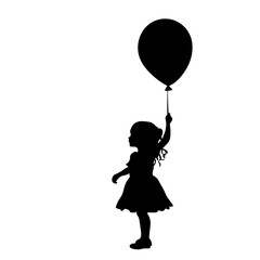 Silhouette of a little girl holding a balloon in the air, svg vector art.