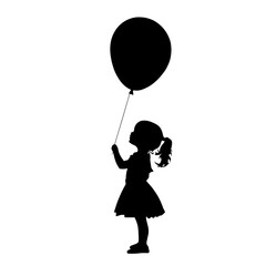 Silhouette of a little girl holding a balloon in the air, svg vector art.