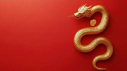 Fototapeta premium Golden Dragon on Red Background: A Symbol of Prosperity and Good Fortune