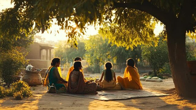 A serene village scene showing a group of women and children sitting together under a tree during golden sunset light, symbolizing community, tradition, and peaceful rural life. The warm tones