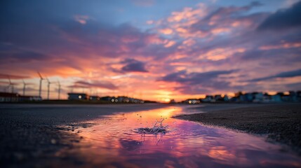 Brilliant sunset colors reflect in wet sand near wind turbines creating beautiful energy against a serene coastal horizon backdrop landscape.