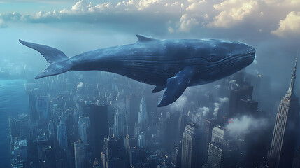 Fototapeta premium A majestic blue whale glides above a bustling city skyline, showcasing nature's beauty amidst urban life