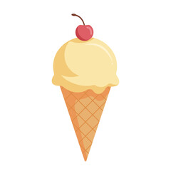 Vanilla ice cream waffle cone with cherry. Vector illustration. Isolated on transparent background