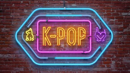 Neon K-Pop sign on brick wall