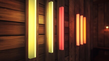 Fototapeta premium Modern Ambient Lighting Design with Vertical Neon Lights Against Wood Paneling for Unique Interior Aesthetic