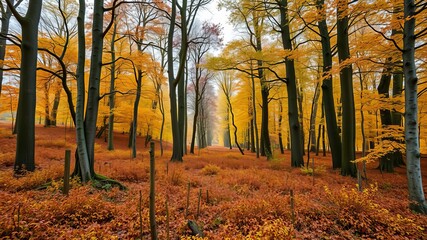 Fototapeta premium A picturesque autumn forest path winds through vibrant golden and orange foliage under a misty sky.