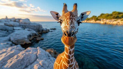 Obraz premium Curious Giraffe by the Ocean at Sunset