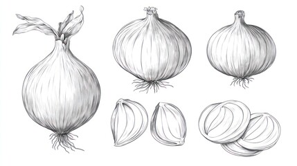Detailed Pencil Sketch of Onions: Whole, Halved, and Sliced