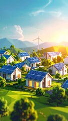 Sustainable living in a neighborhood with solar panels and wind turbine generating clean energy for future