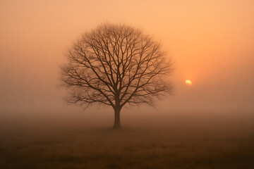 Obraz premium Lonely Tree in a Foggy Field
