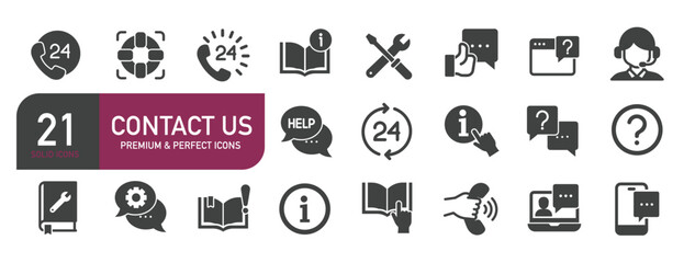 Set of glyph solid icons contact us, support, customer service. Glyph solid icons collection. Vector illustration
