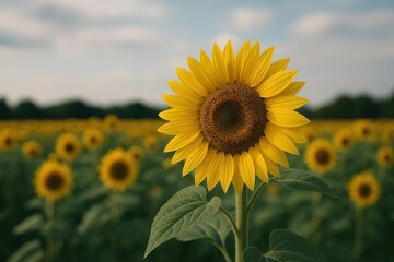 Fototapeta premium Vibrant sunflower field under sky.