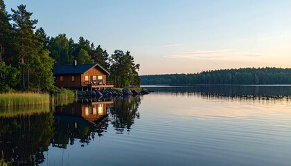 Fototapeta premium Lakeside Cabin Sunrise Reflection