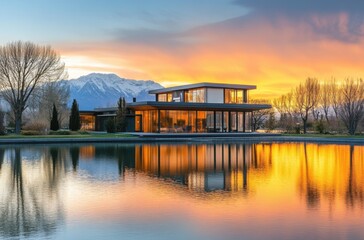 Fototapeta premium Modern villa by lakeside reflecting golden sunset