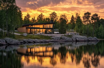 Fototapeta premium Modern villa by lakeside reflecting golden sunset