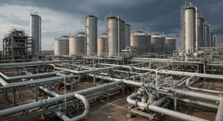 Fototapeta premium Industrial complex with numerous storage tanks and pipelines